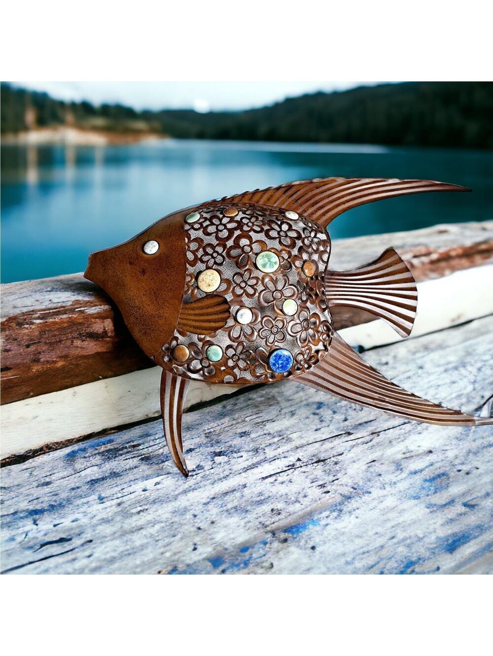 Large Metal Fish Cut Out Sculpture Bronze Rustic Wall Colored Stone Brutalist